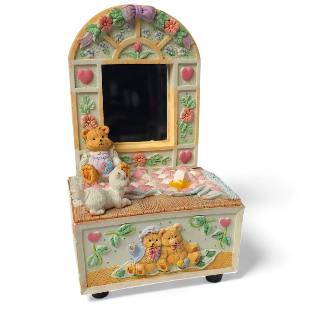 Vintage Resin Music Box Vanity Mirror Teddy Bear Cat Quilt Decor Nursery 7"